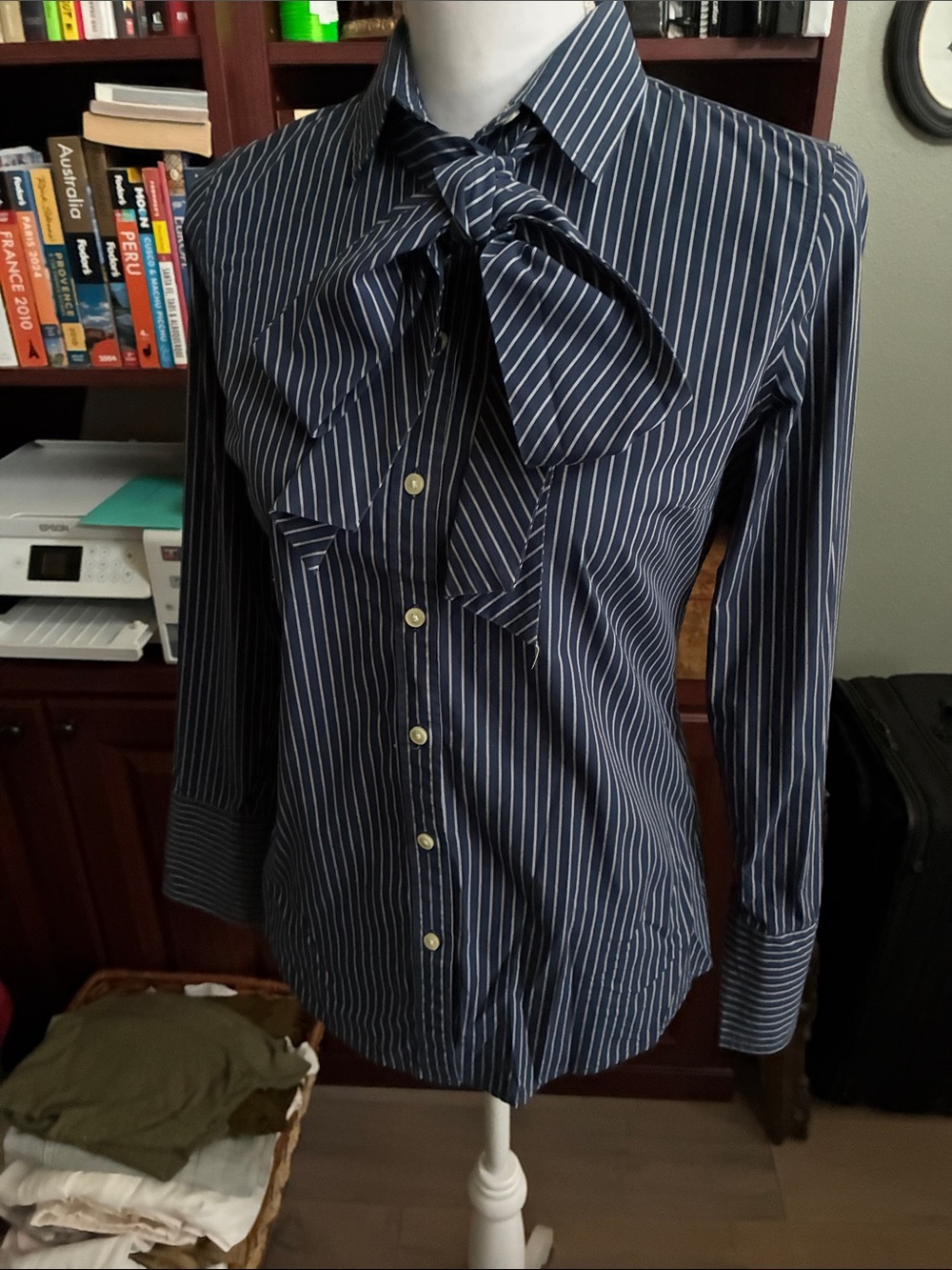 Banana Republic Navy and White Pinstripe Tie-Neck Dress Shirt